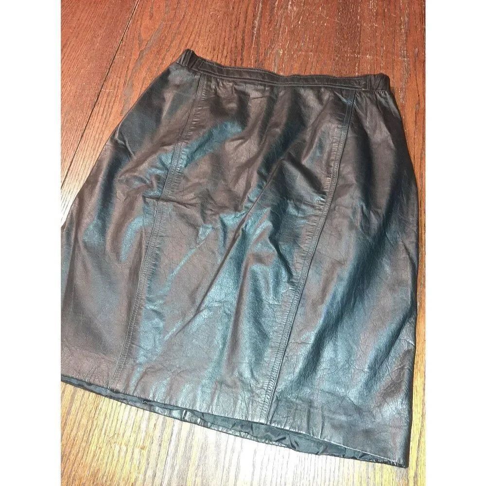 Sz 12 Brandon Thomas Black Leather Pencil Skirt Midi Mini Elastic Side Rear Zip